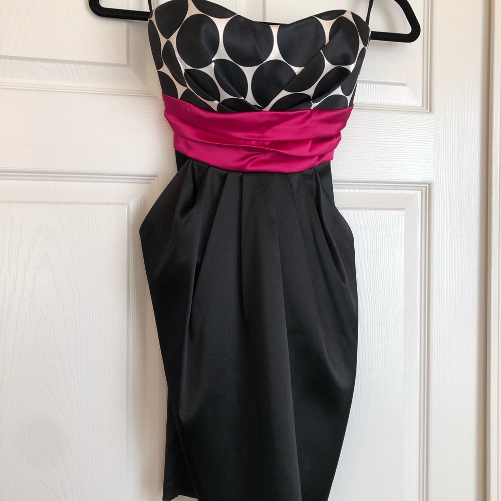 Formal black & white polka dot with pink strapless